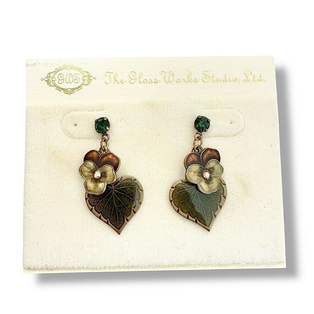 Vintage 1990s Pansy Earrings Cottagecore Antiqued Brass Swarovski Crystal NOS